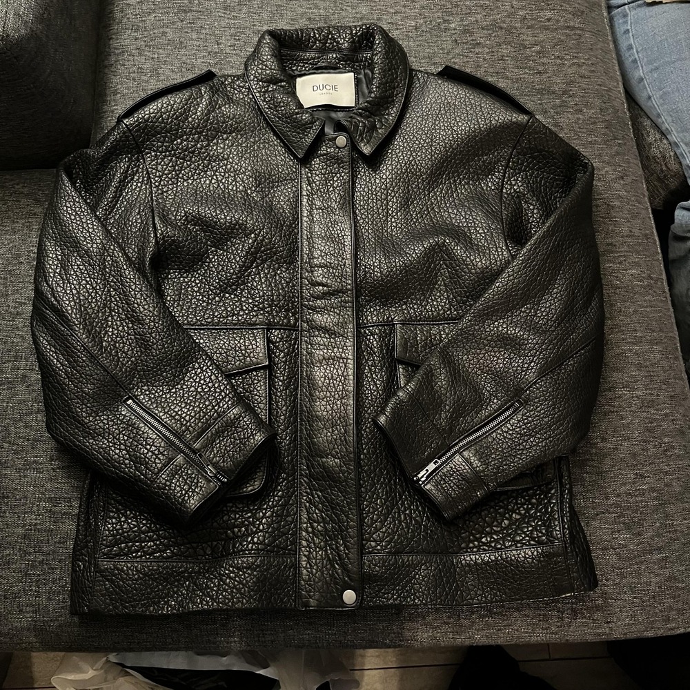 Ducie London Jacket Womens Large Black Pebbled Leather Moto Biker Zip Pockets